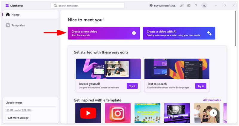 Clipchamp crea un nuovo video