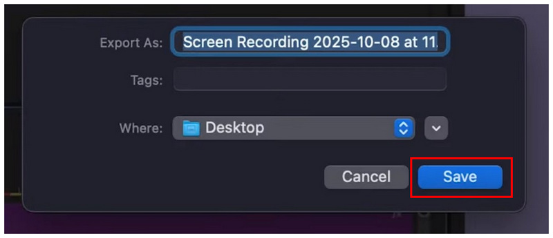 Esporta in QuickTime Salva
