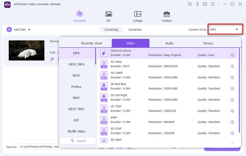 Seleziona il formato di output