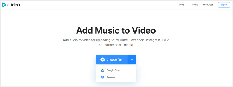 Clideo Adicionar música ao site de vídeo