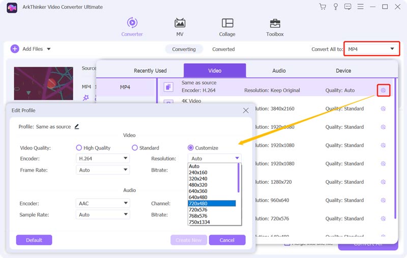 Edit Profile Change Video Resolution