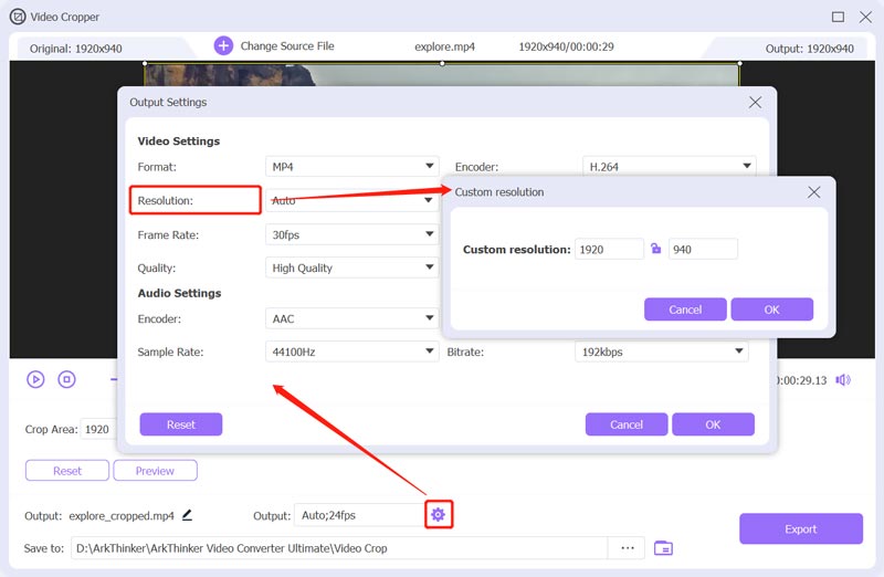 The Video Cropper Custom Output Settings