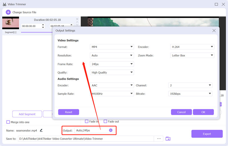 Custom Output Video Audio Settings in Video Trimmer