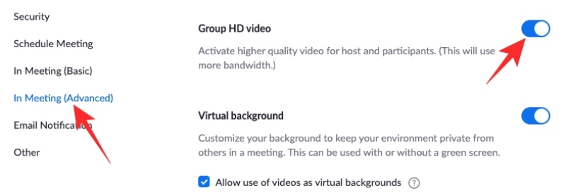 Ativar vídeo HD em grupo com zoom