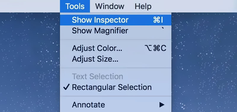 Mac Preview-værktøjer Vis Inspector