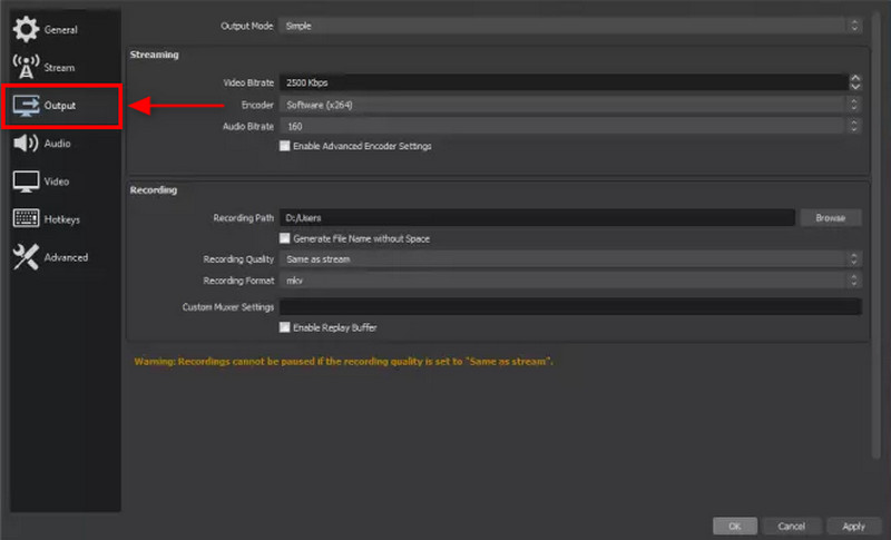 Siirry kohtaan Output Setting