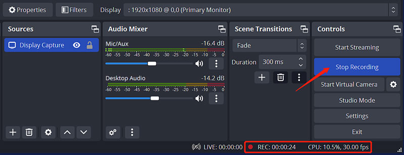 Zastavit nahrávání obrazovky Windows OBS Studio