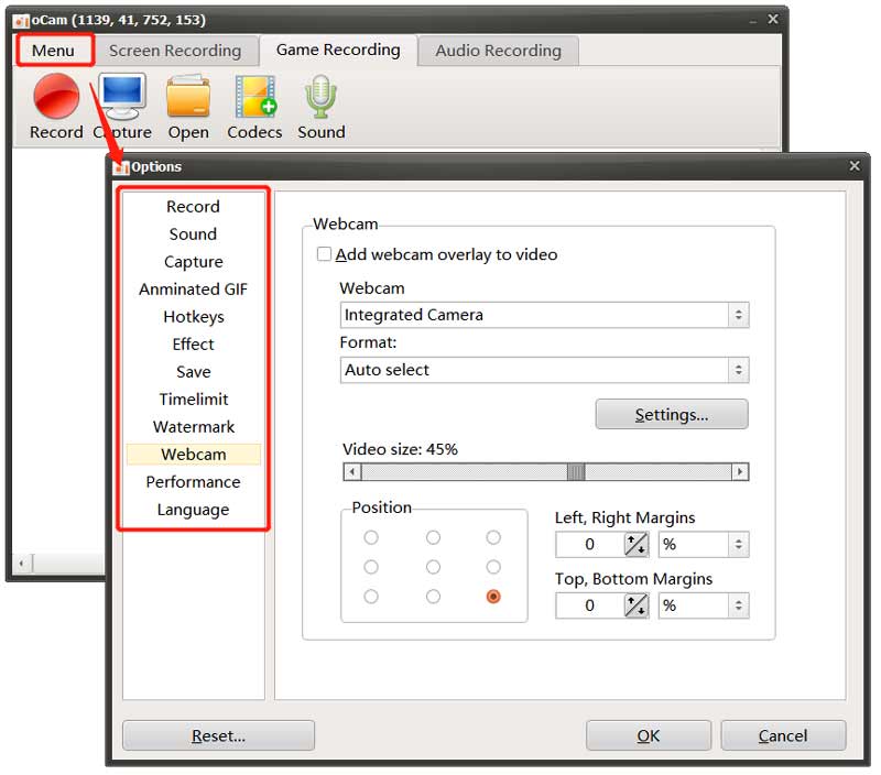 oCam Record Options