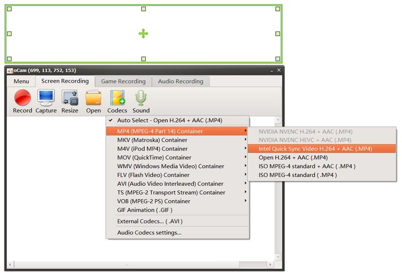 oCam Screen Recorder Codecs