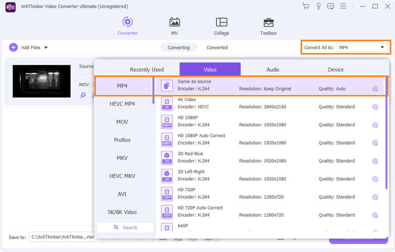 Seleziona MP4 come file di output