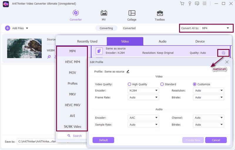 Valitse Desire Output Format