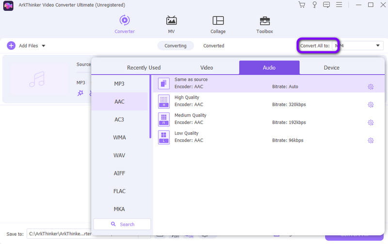 Seleziona il formato del file audio