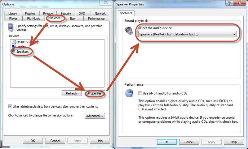 Windows Media Player Audio Output settings