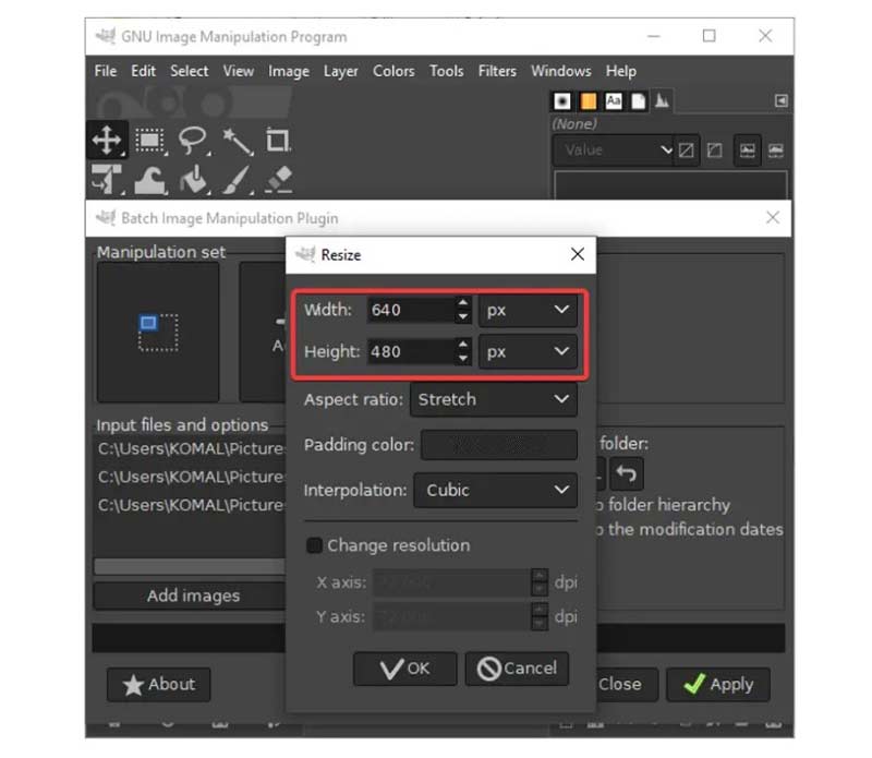 Regola la dimensione dell'immagine batch in Gimp