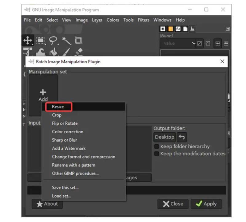 Option de redimensionnement d'image par lots dans Gimp