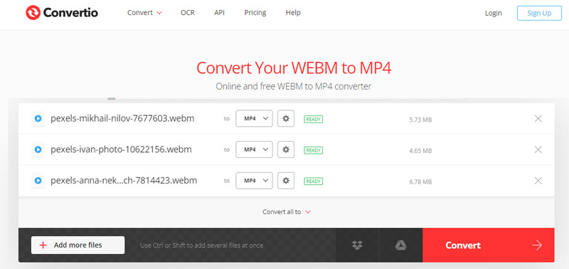 Convertio WebM から MP4 へのコンバーター