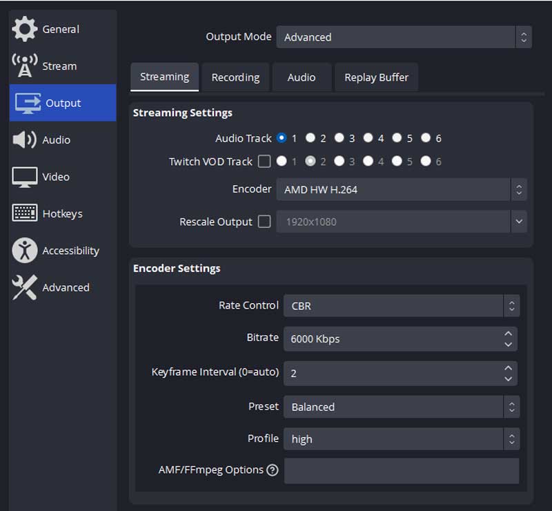 Impostazioni di output in OBS