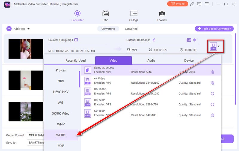 Select WebM Format For Each MP4 File