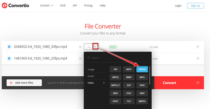 Seleziona l'output WebM in Convertio