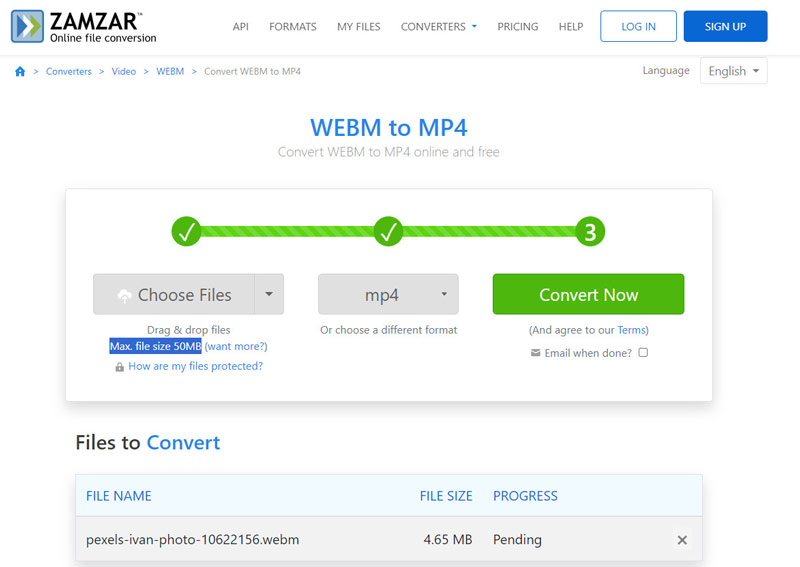 Convertisseur WebM vers MP4 Zamzar