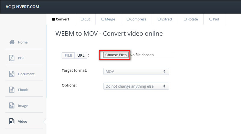 Aconvert Adicionar arquivo MOV WEBM