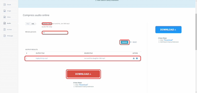 Passaggi di compressione audio Aconvert