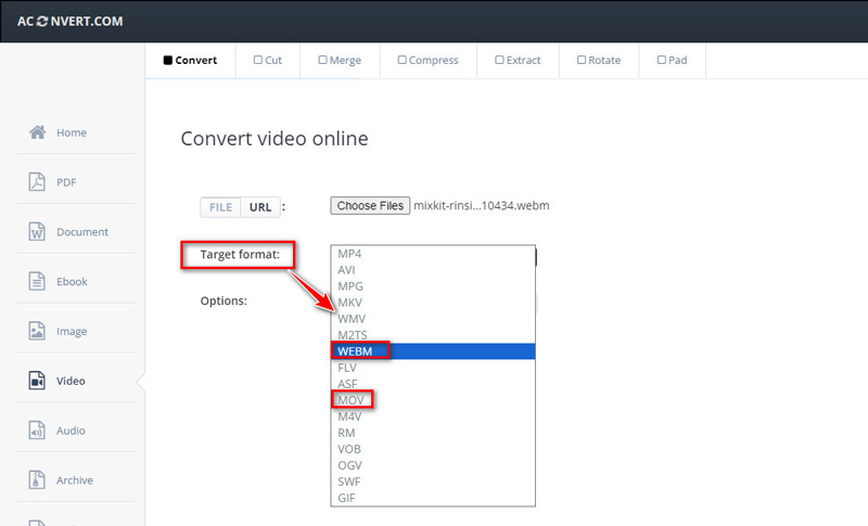 Aconvert Seleziona MOV WEBM Output