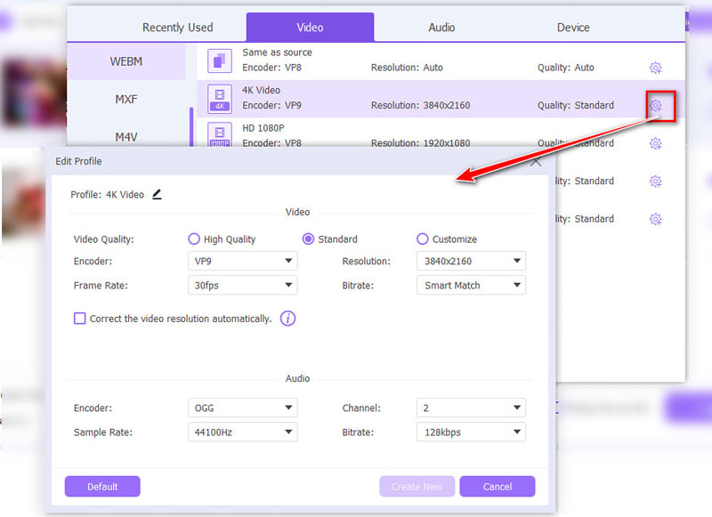 Ajustar as configurações de saída do WEBM