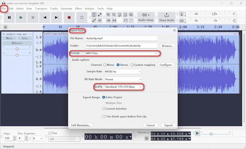 Esportazione audio Audacity