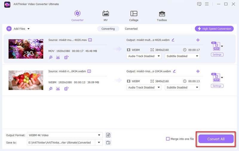 Convert MOV to WEBM in Arkthinker