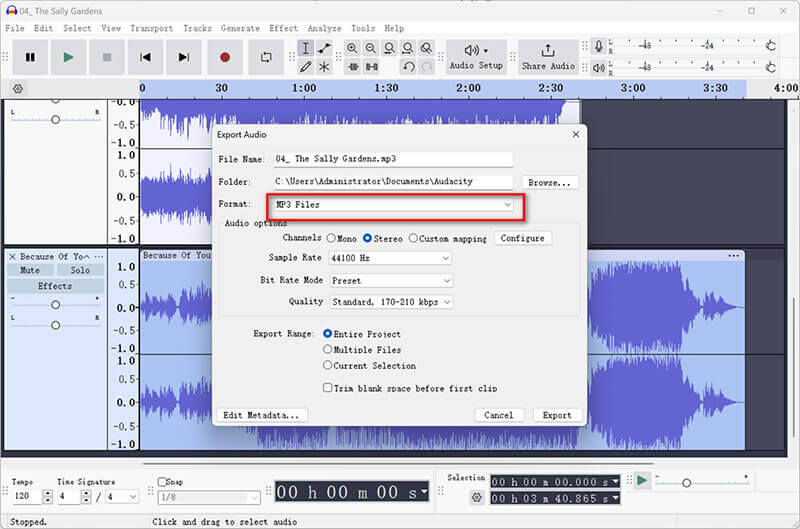 在 Audacity 中将 MOV 导出为 MP3