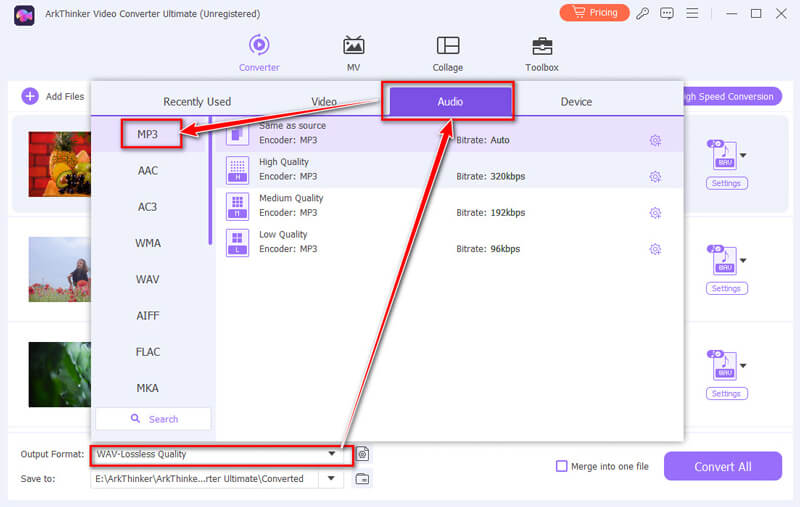 Sélectionner MP3 dans Arkthinker