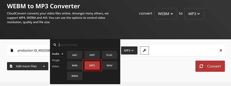 Seleziona MP3 Output Cloudconvert