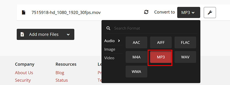 Select MP3 Output in Cloudconvert