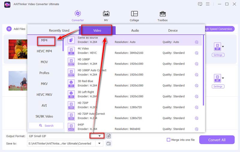 Sélectionnez le format de sortie MP4