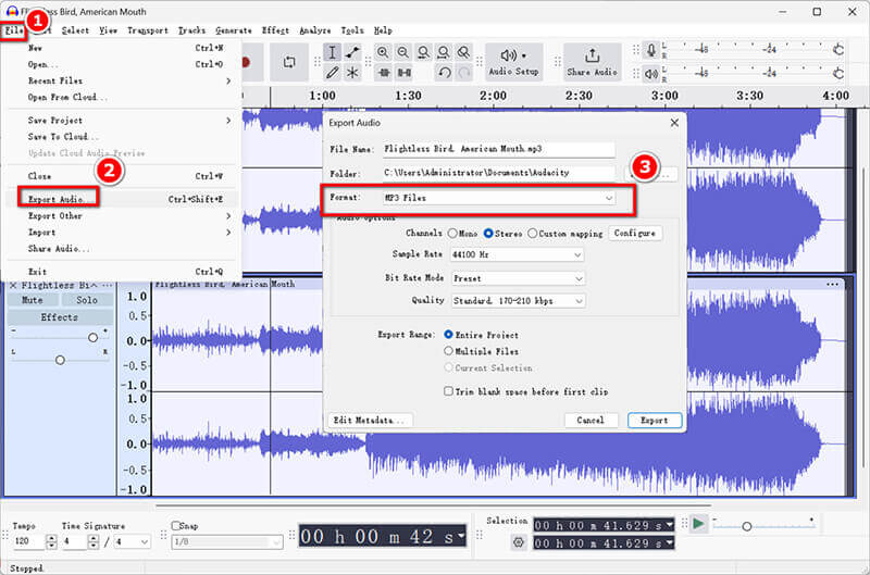 Audacity ボーカルの分離エクスポート