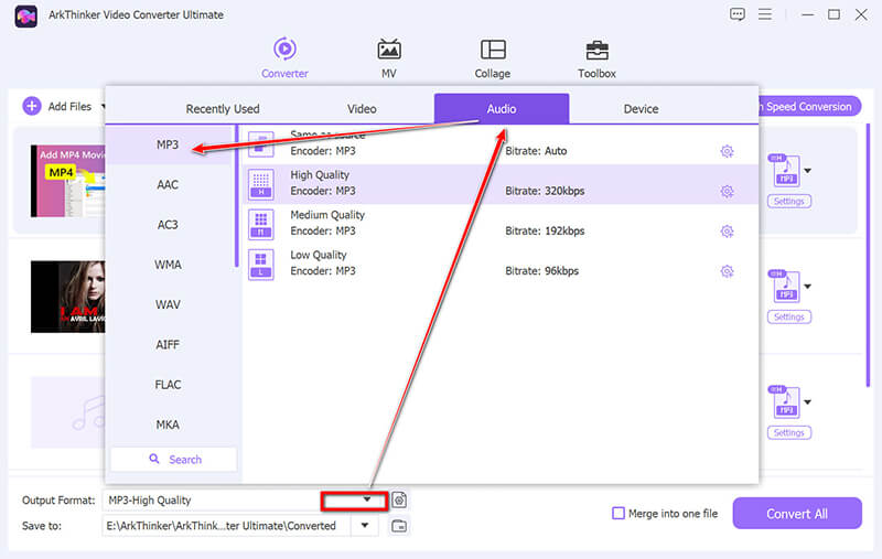 Selecione o formato de saída MP3