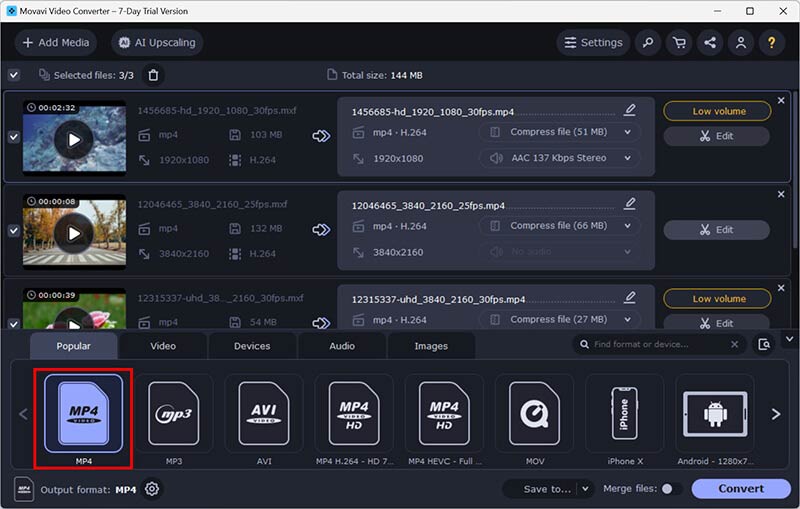 Select MP4 Output in Movavi