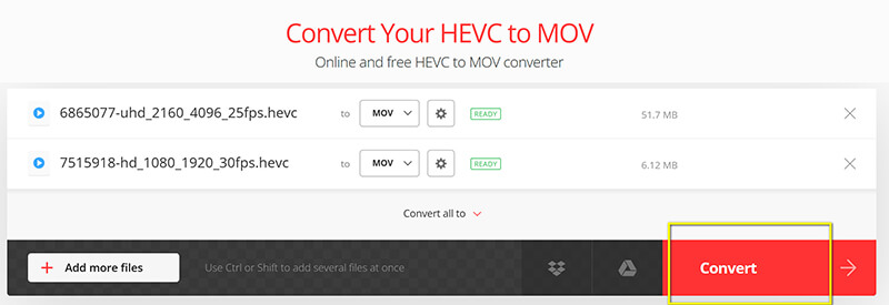 Konvertieren Sie HEVC in MOV Convertio