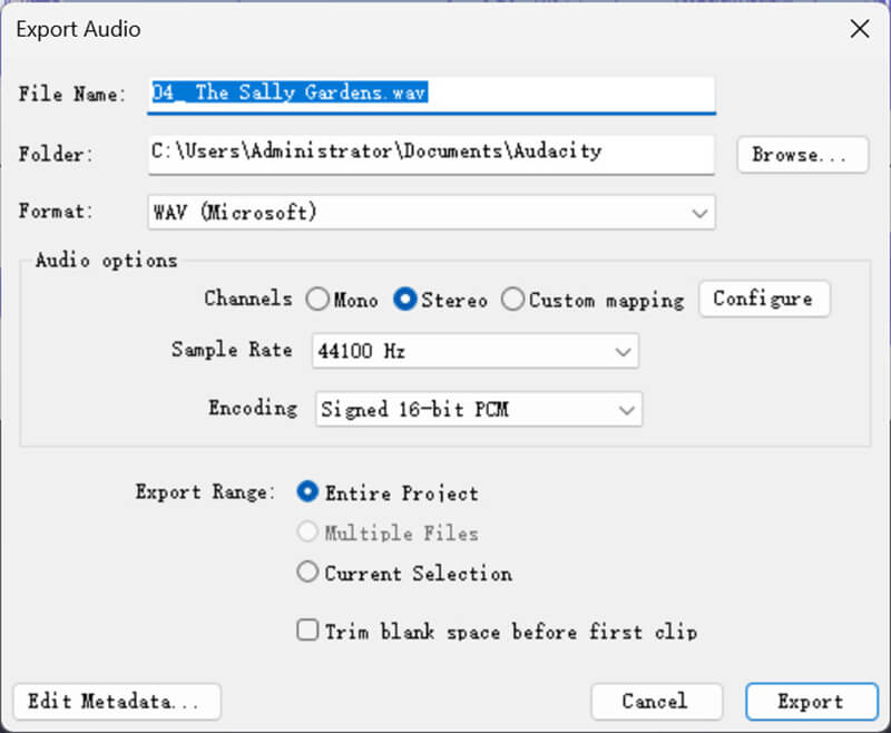 Export Audio in Audacity