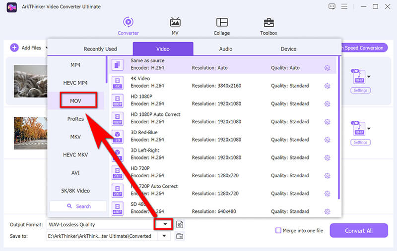 Seleziona il formato MOV per tutti i file MP4