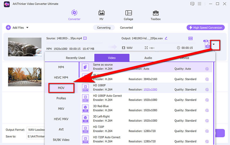 Seleziona il formato MOV per ogni file MP4